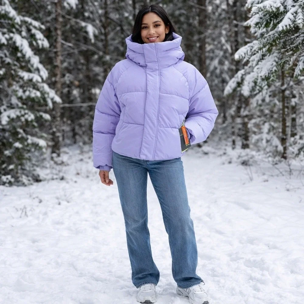 Womens Lavender Cropped Puffer Jacket Pastel Winter Streetwear‎ Y2K Coat Medium